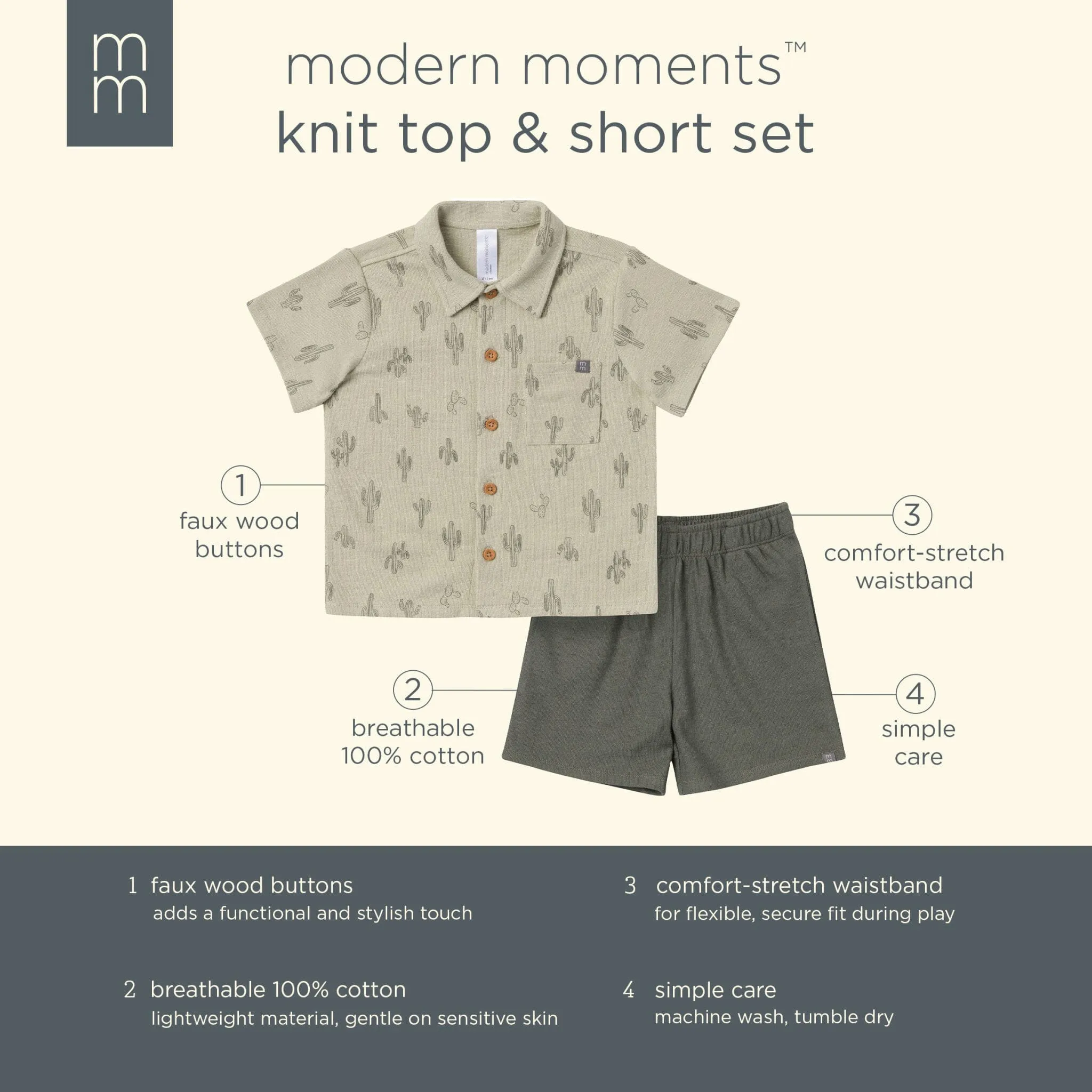 2-Piece Infant & Toddler Boys Green Cactus Button Front Shirt and Shorts Set