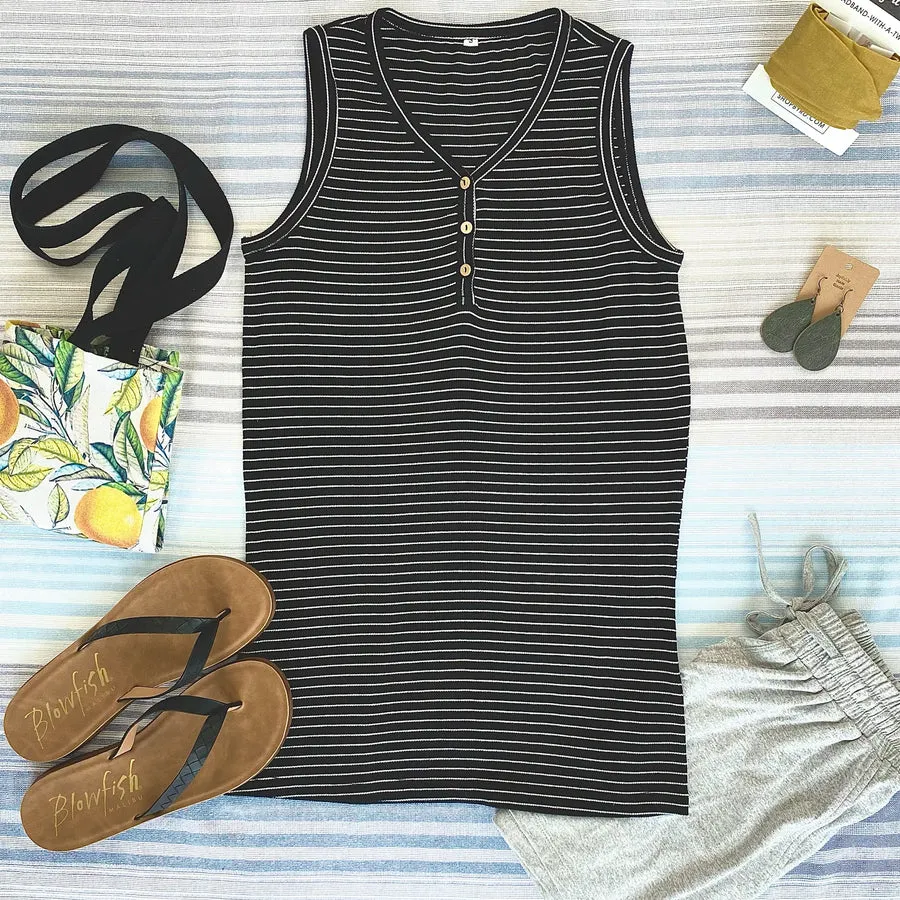 Addison Henley Tank - Charcoal w/White Stripes