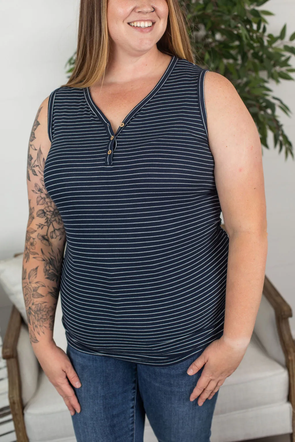 Addison Henley Tank - Navy w/ White Stripe