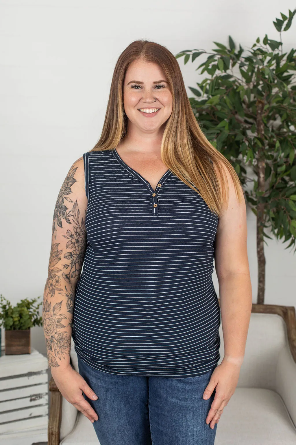 Addison Henley Tank - Navy w/ White Stripe