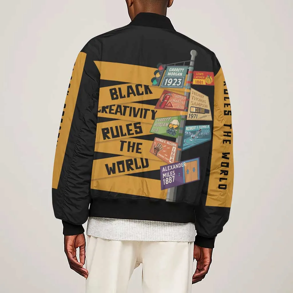 African Creativity Sleeve Zip Bomber Jacket Black Creativity Rules The World DT03