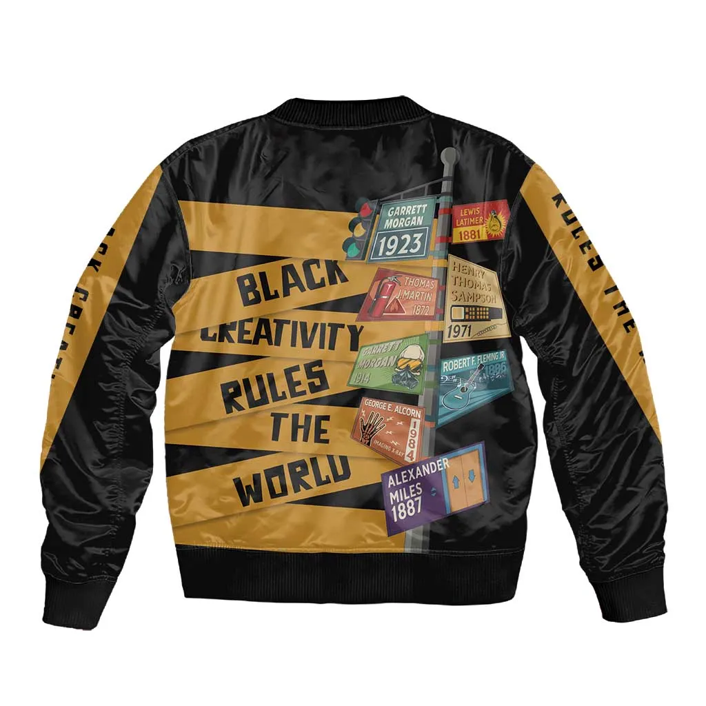 African Creativity Sleeve Zip Bomber Jacket Black Creativity Rules The World DT03