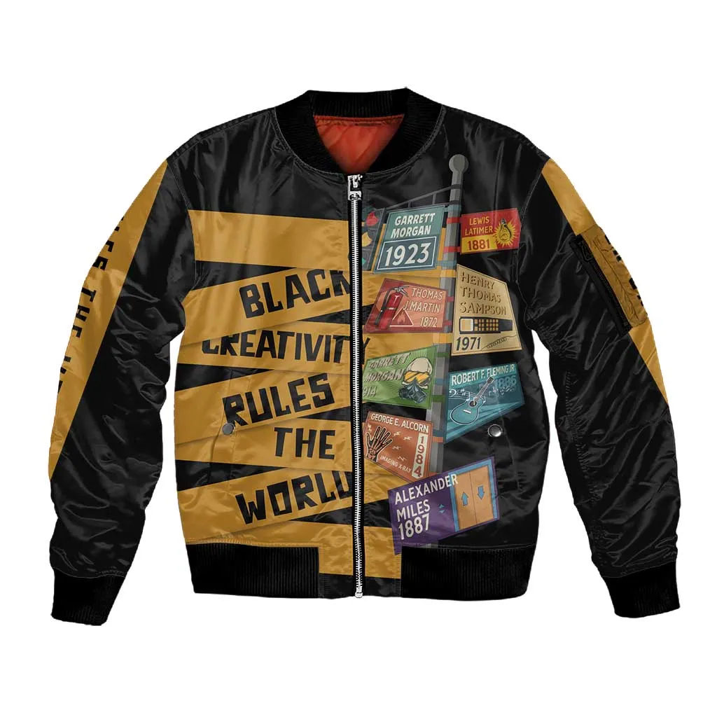 African Creativity Sleeve Zip Bomber Jacket Black Creativity Rules The World DT03