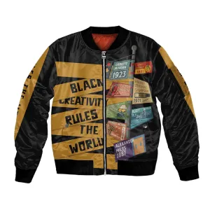 African Creativity Sleeve Zip Bomber Jacket Black Creativity Rules The World DT03