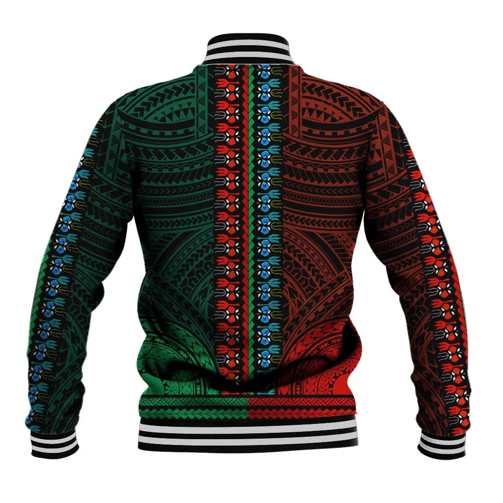 African Dashiki and Polynesian Pattern Baseball Jacket Half Green-Red LT9