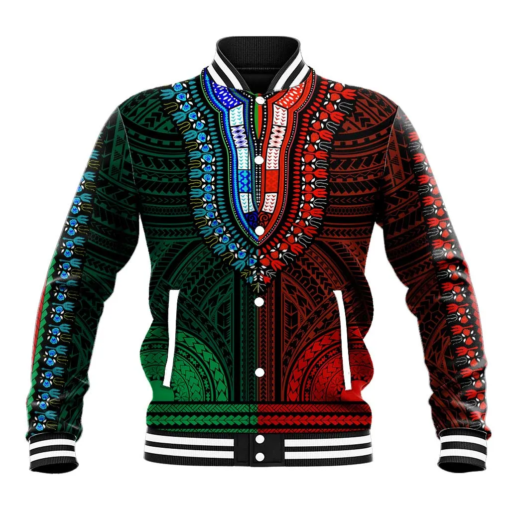 African Dashiki and Polynesian Pattern Baseball Jacket Half Green-Red LT9