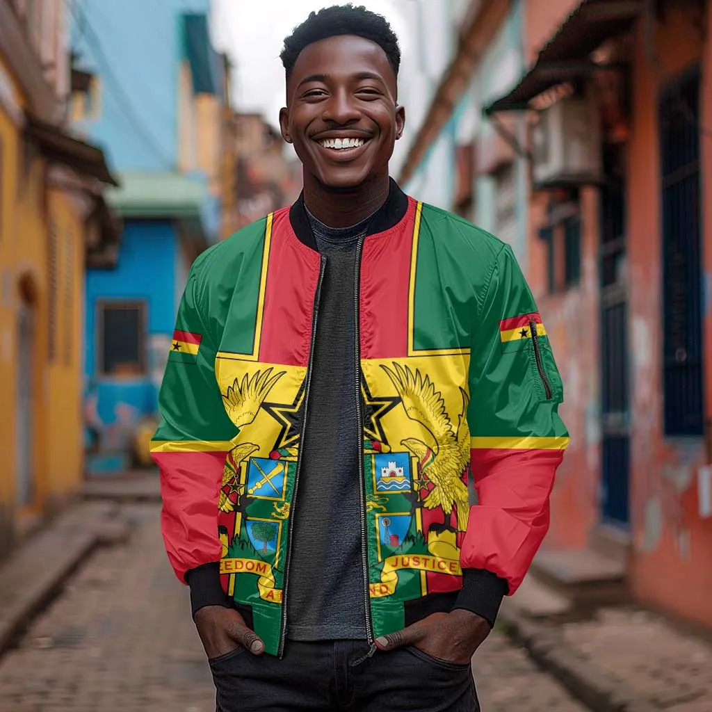 African Ghana Sleeve Zip Bomber Jacket Flag with Coat of Arms Simple Design TS04