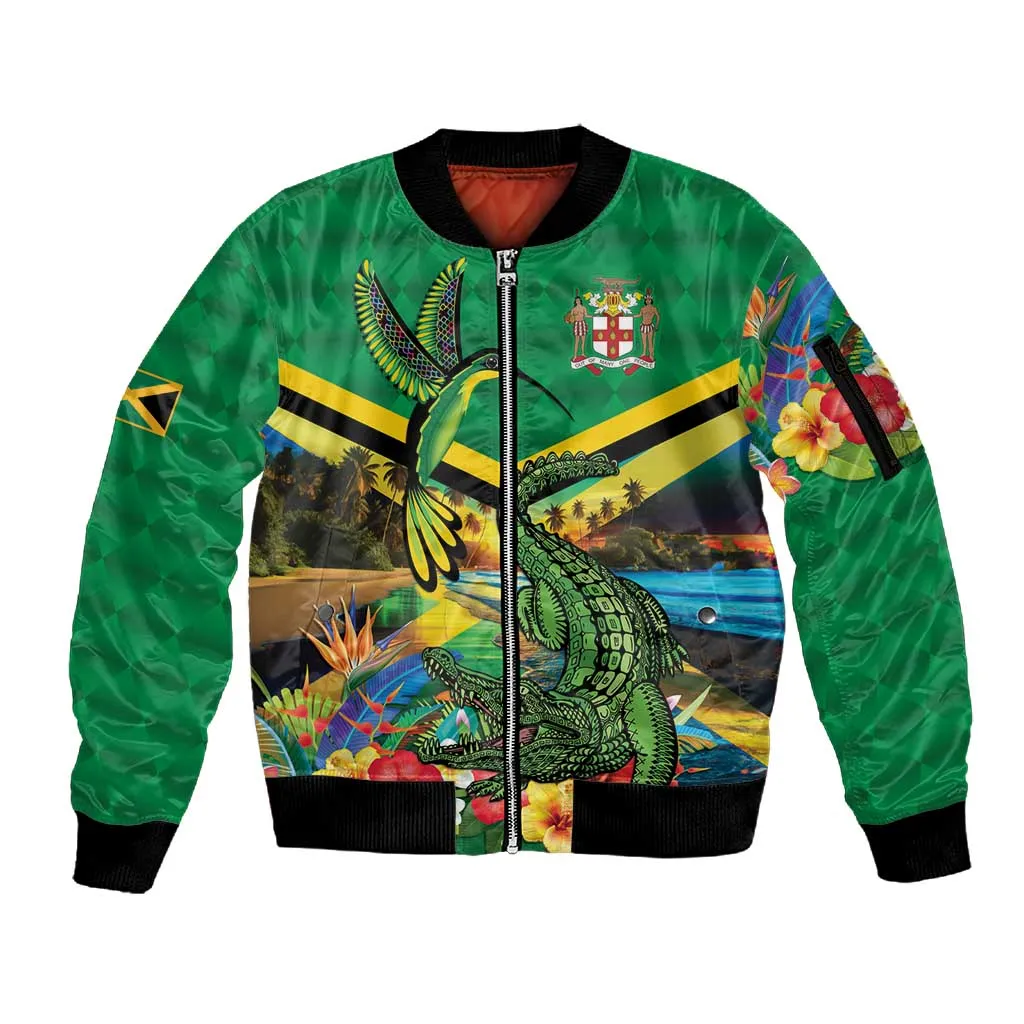 African Jamaica Personalized Sleeve Zip Bomber Jacket Hummingbird and Crocodiles Tropical LT9