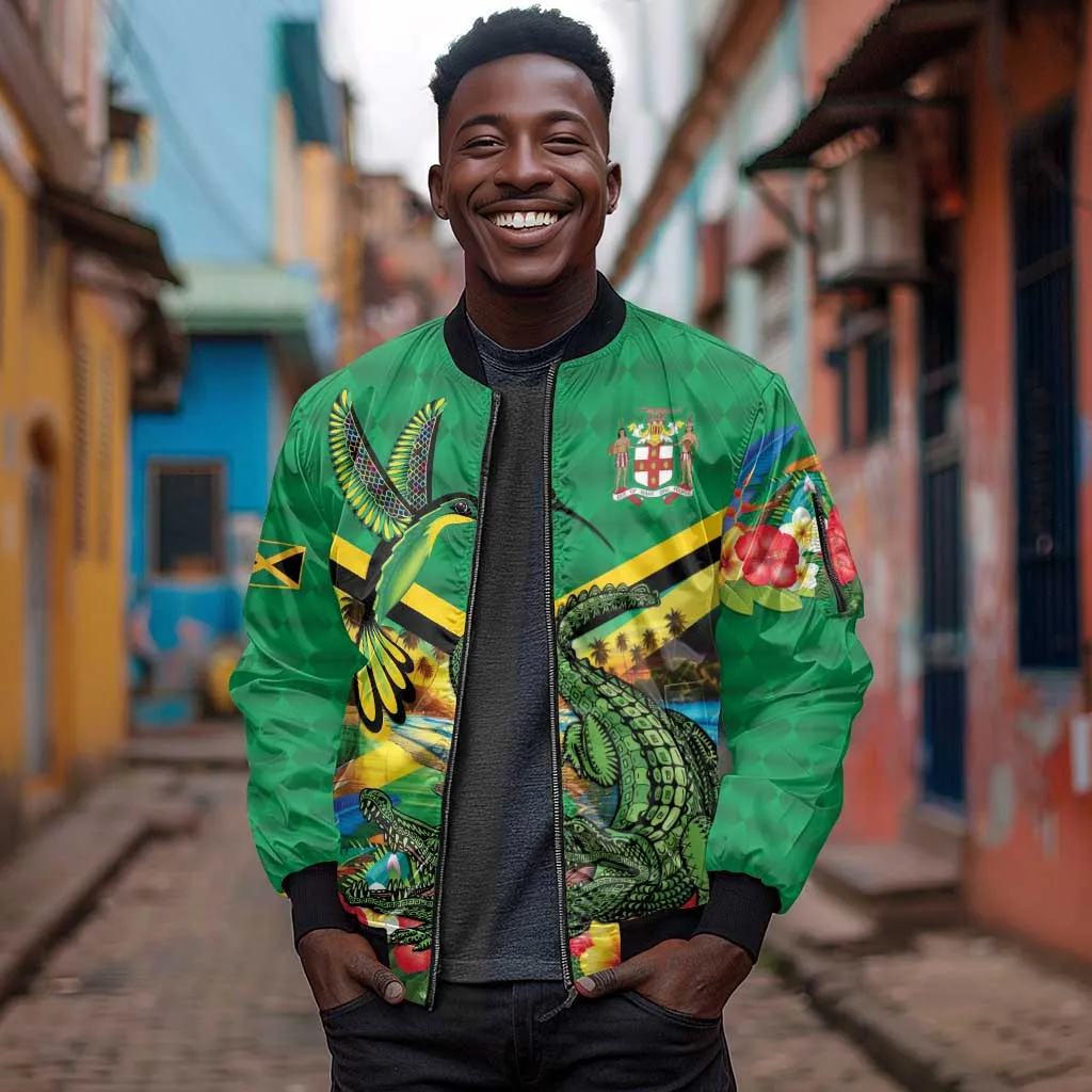 African Jamaica Personalized Sleeve Zip Bomber Jacket Hummingbird and Crocodiles Tropical LT9