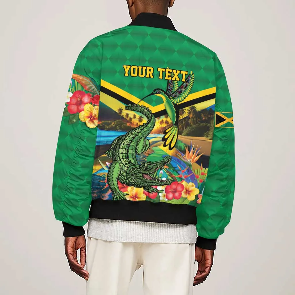 African Jamaica Personalized Sleeve Zip Bomber Jacket Hummingbird and Crocodiles Tropical LT9