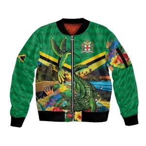 African Jamaica Personalized Sleeve Zip Bomber Jacket Hummingbird and Crocodiles Tropical LT9