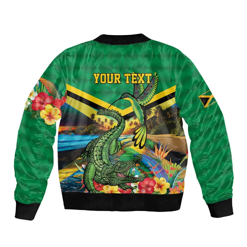 African Jamaica Personalized Sleeve Zip Bomber Jacket Hummingbird and Crocodiles Tropical LT9