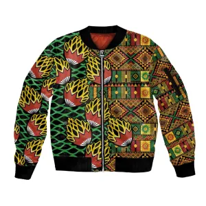 African Tribal Geometric Mixed Kanga Pattern Sleeve Zip Bomber Jacket LT9