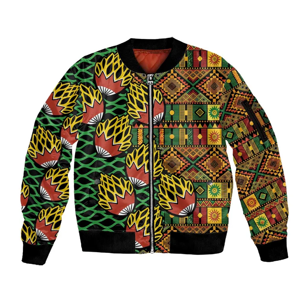 African Tribal Geometric Mixed Kanga Pattern Sleeve Zip Bomber Jacket LT9