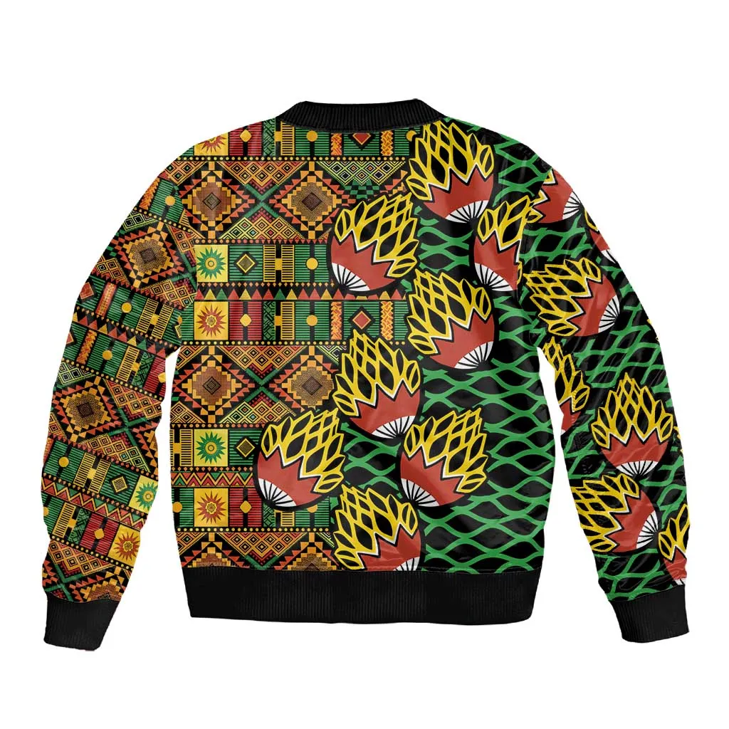 African Tribal Geometric Mixed Kanga Pattern Sleeve Zip Bomber Jacket LT9