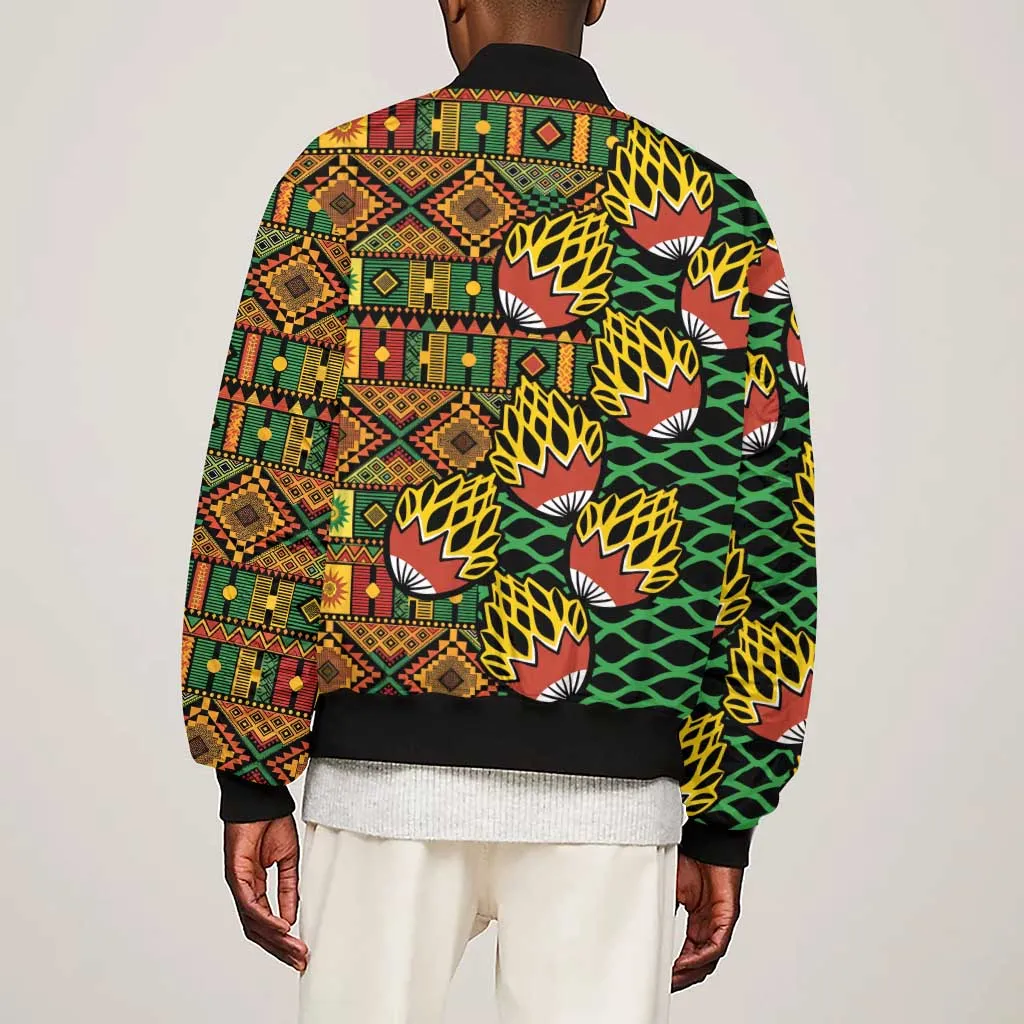 African Tribal Geometric Mixed Kanga Pattern Sleeve Zip Bomber Jacket LT9
