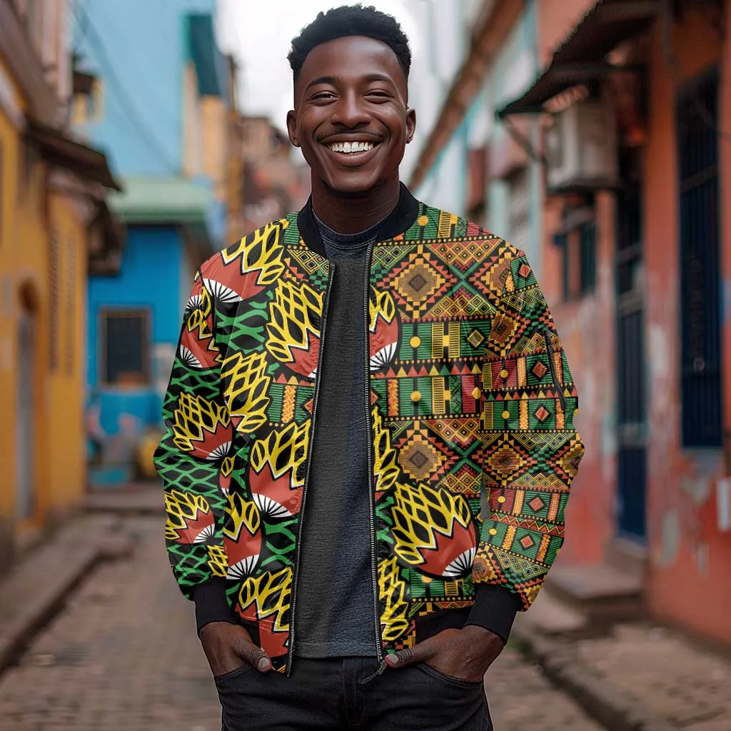African Tribal Geometric Mixed Kanga Pattern Sleeve Zip Bomber Jacket LT9