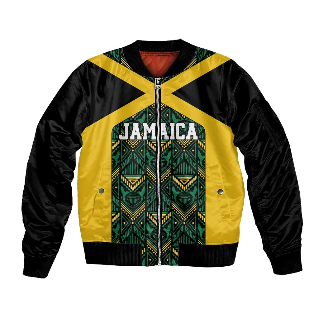 Afro-Jamaicans Football Custom Sleeve Zip Bomber Jacket Black Ethnic Motifs LT9
