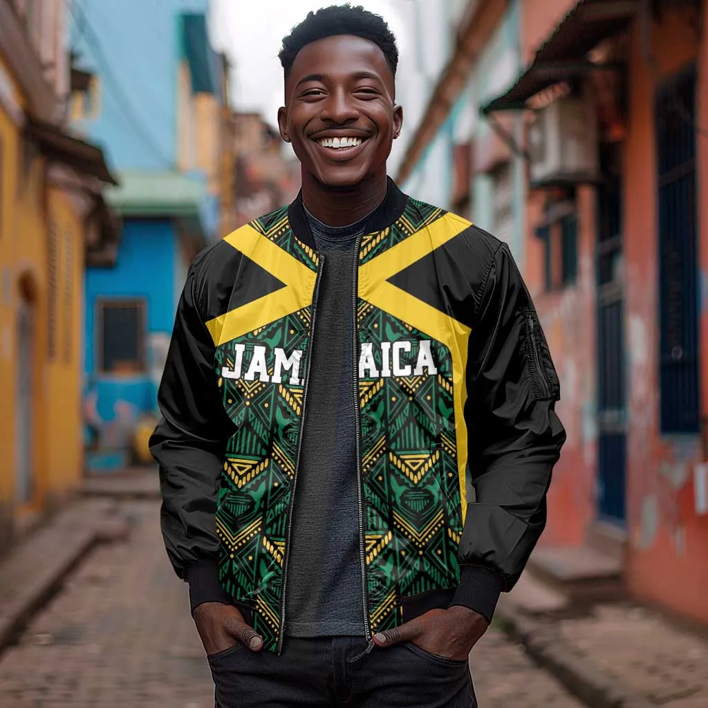 Afro-Jamaicans Football Custom Sleeve Zip Bomber Jacket Black Ethnic Motifs LT9