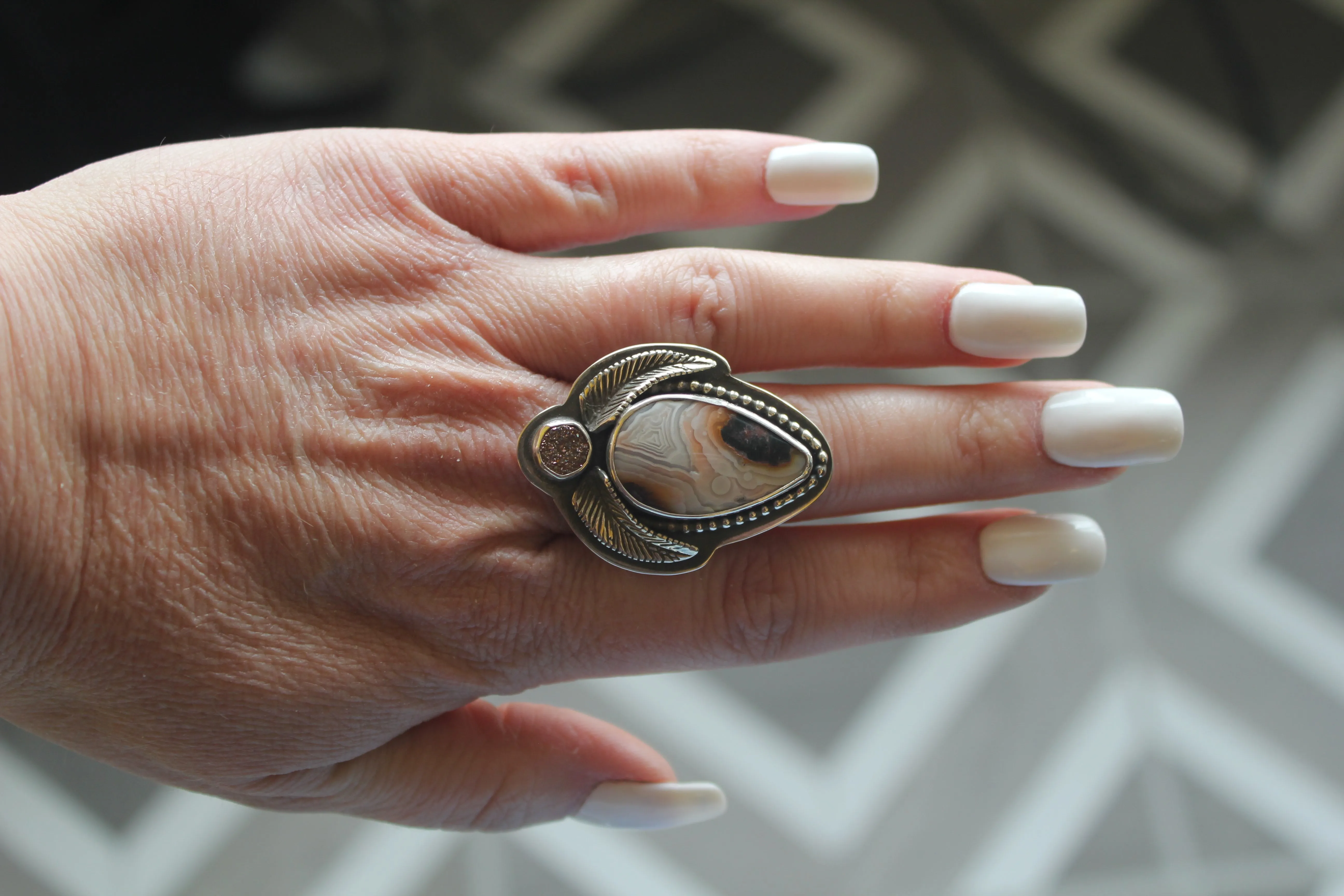 Agate & Druzy Ring with feather accents