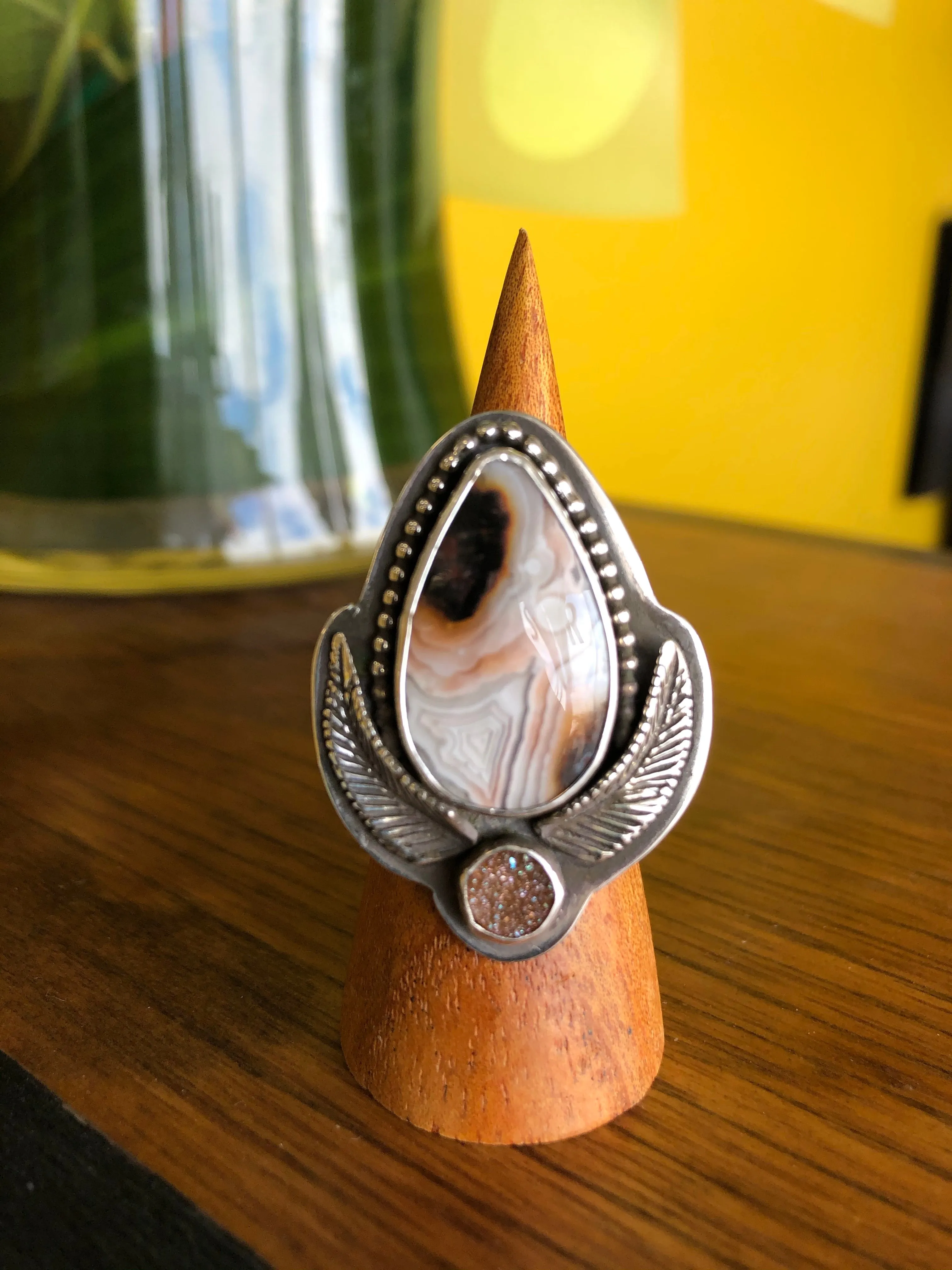 Agate & Druzy Ring with feather accents