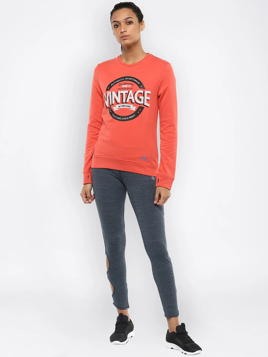 Alcis Women Printed Orange Sweat Shirt 157WSS240