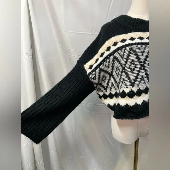 Altar’d State Alexis Fair Isle Sweater Black Crew Neck Cropped Womens XL New