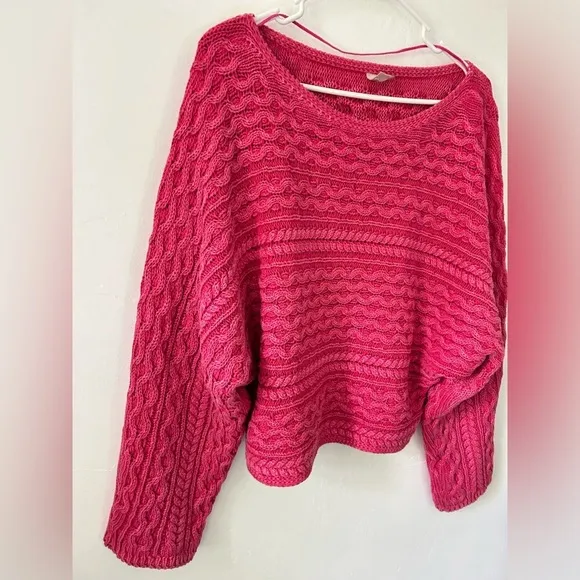 Anthropologie Pilcro cropped cable knit Fisherman dolman sweater Pink size XL