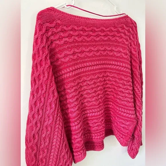 Anthropologie Pilcro cropped cable knit Fisherman dolman sweater Pink size XL