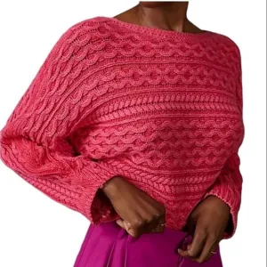 Anthropologie Pilcro cropped cable knit Fisherman dolman sweater Pink size XL