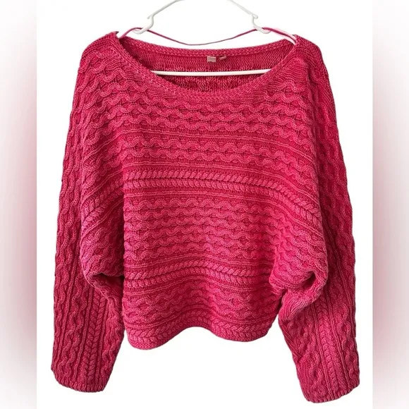 Anthropologie Pilcro cropped cable knit Fisherman dolman sweater Pink size XL