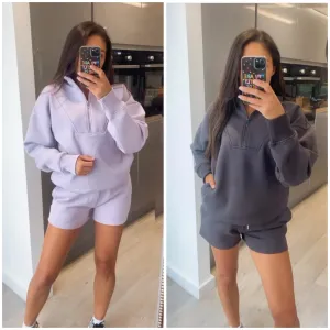Anya quarter zip jumper and jogger shorts set - lilac