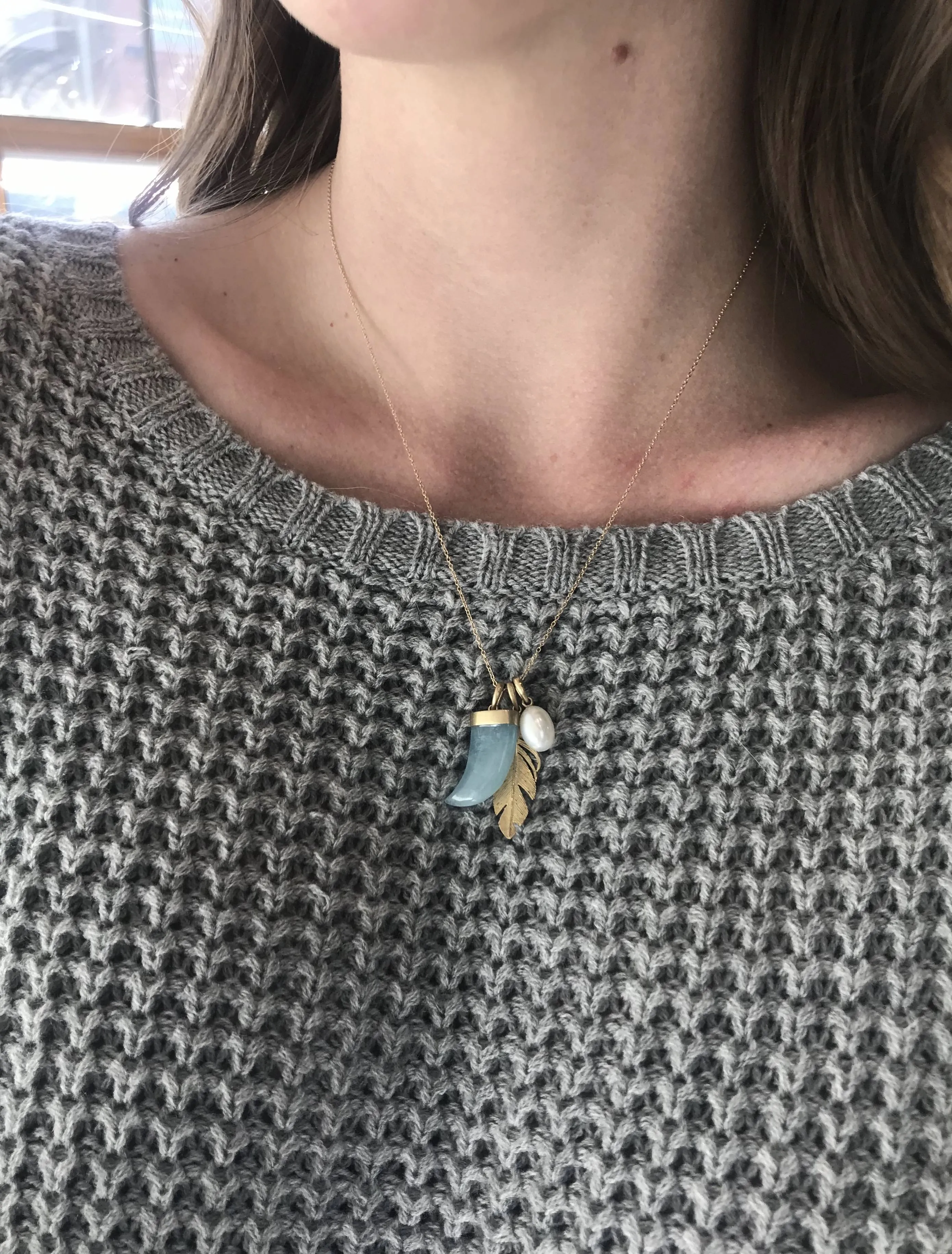 Aquamarine, Pearl and Feather Scavenger Necklace