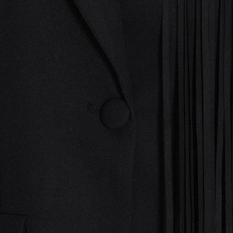 Asymmetric Fringe Paneled Sleeve Peak Lapel Single Breasted Long Blazer