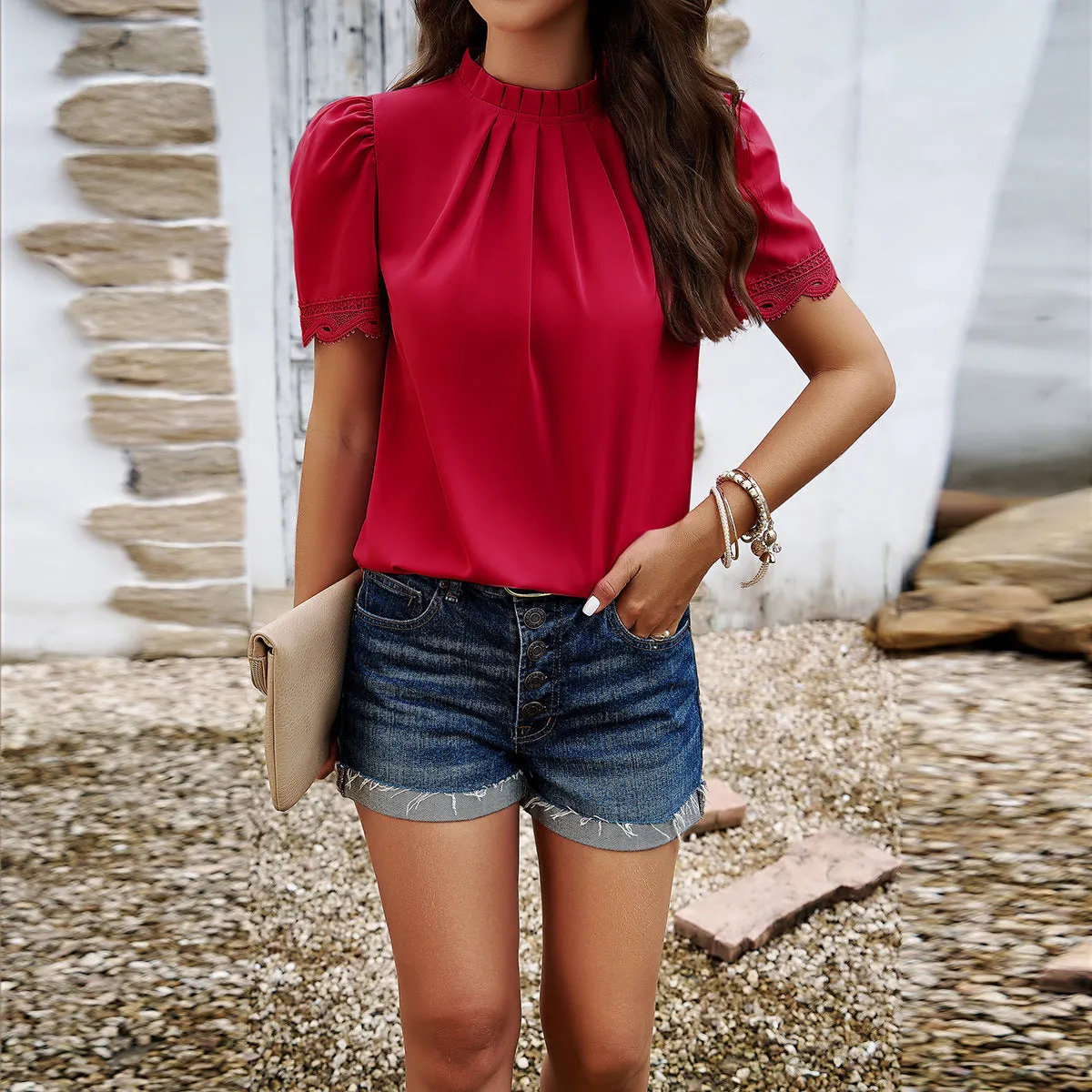 Audrey – Pleated High Neck Lace Blouse