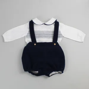 Baby Boys Fleece Shorts with Braces and White Shirt - Navy
