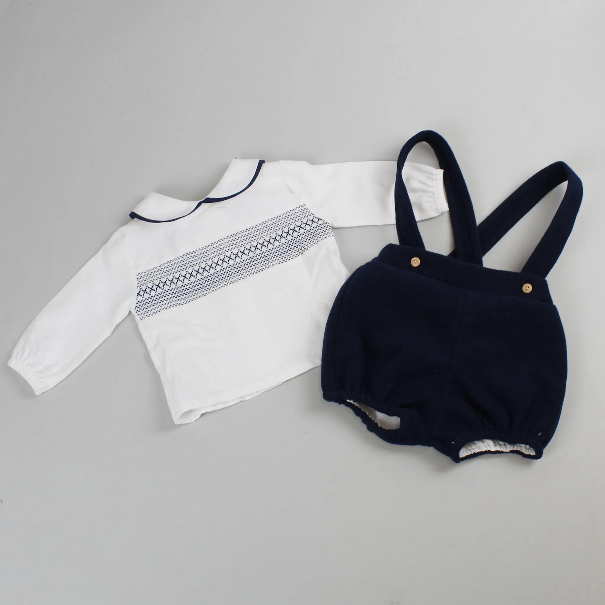 Baby Boys Fleece Shorts with Braces and White Shirt - Navy