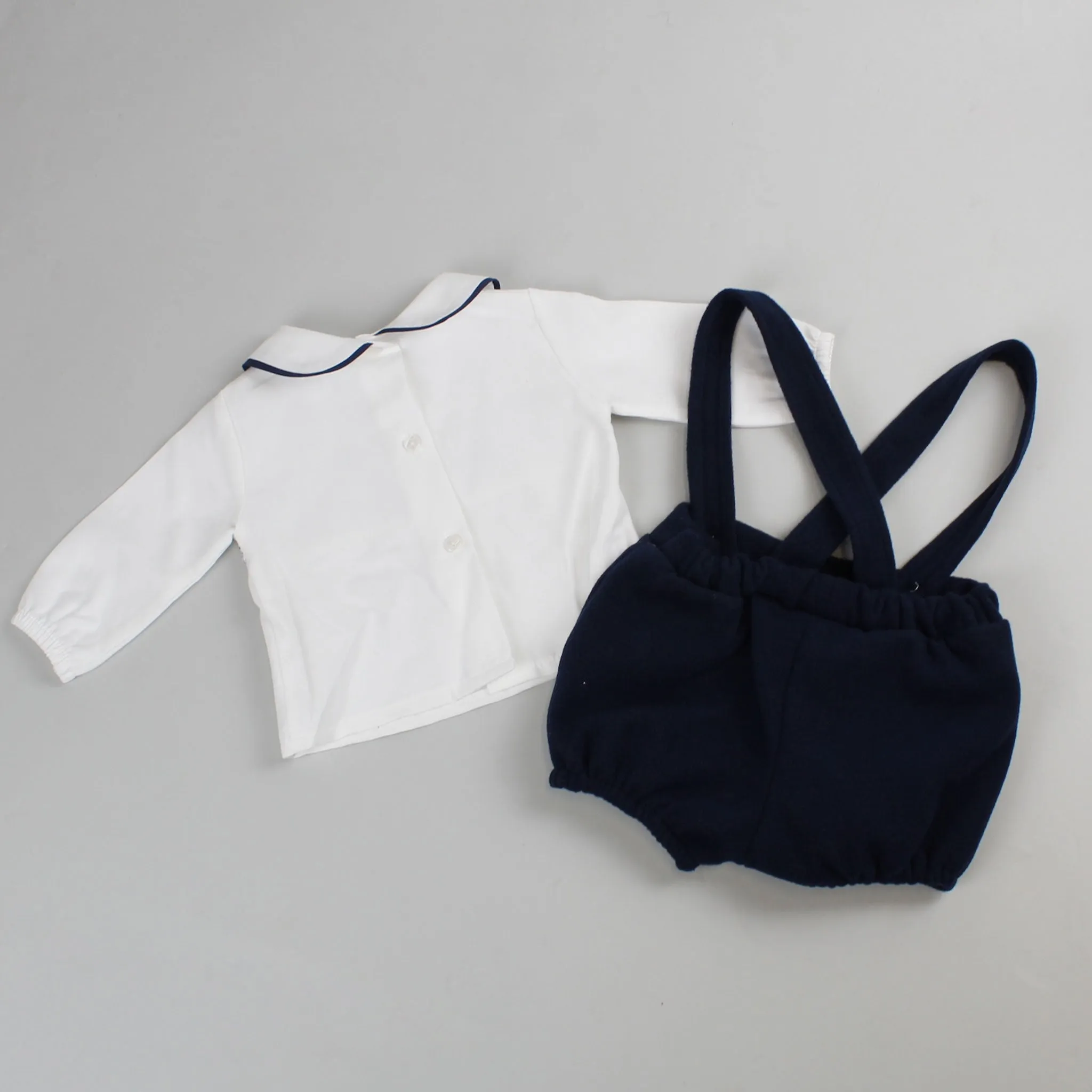 Baby Boys Fleece Shorts with Braces and White Shirt - Navy