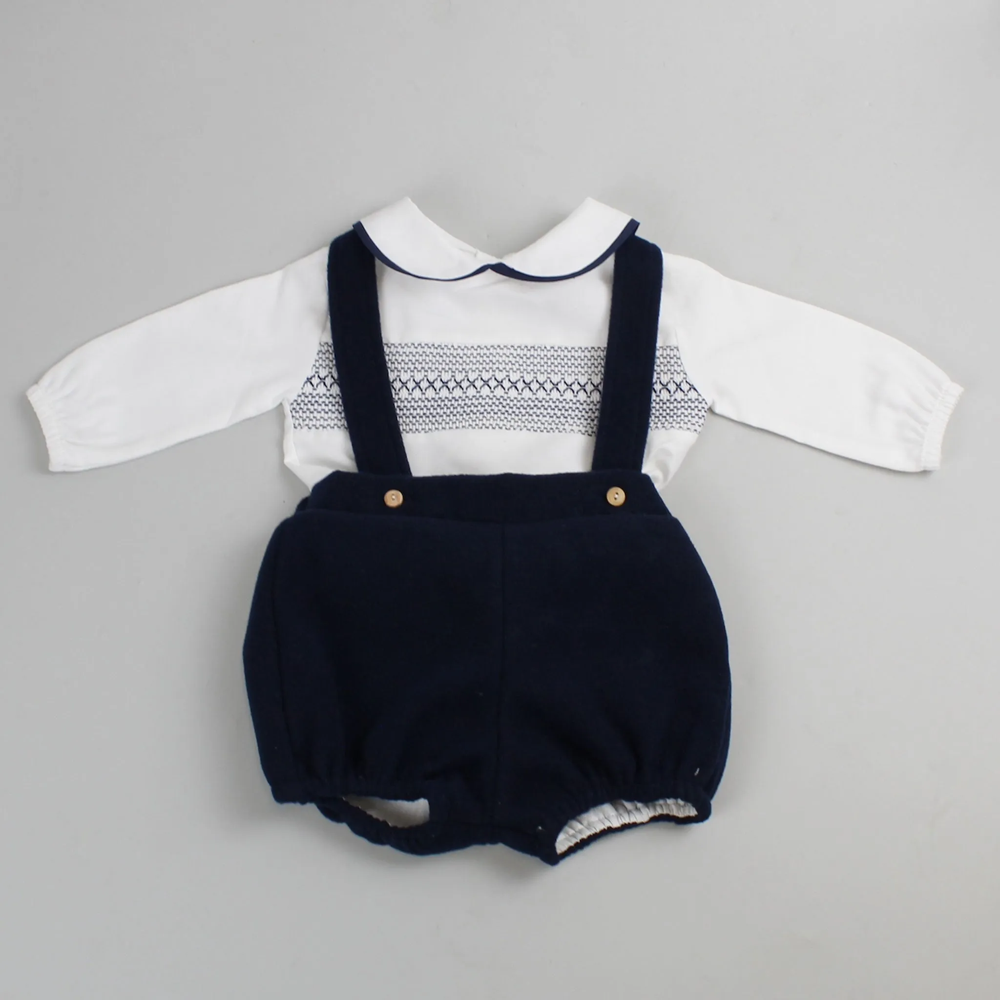 Baby Boys Fleece Shorts with Braces and White Shirt - Navy