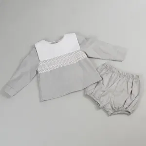 Baby Boys Grey Cotton Long Sleeve Outfit - With Shorts