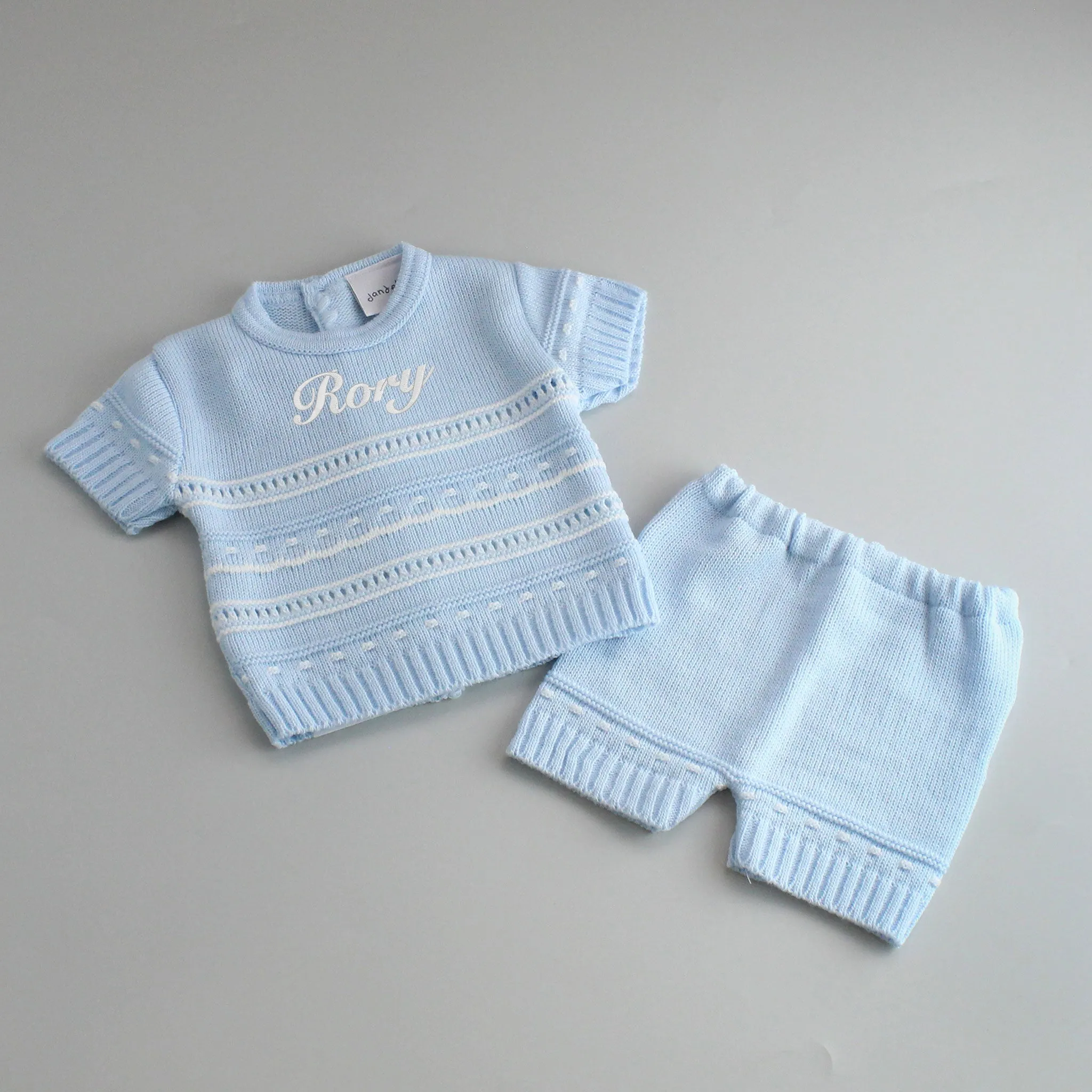 Baby Boys Personalised Blue Knitted Shorts and Top