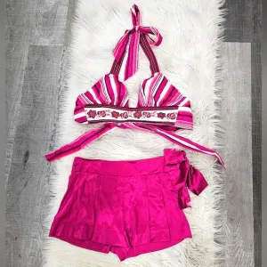 Bebe embroidered halter tie top and satin shorts set