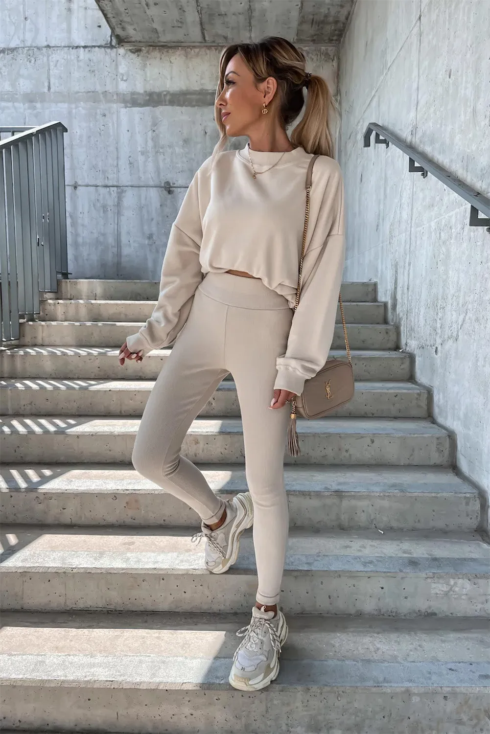 Beige Solid Sweatshirt and Leggings Two Piece Set