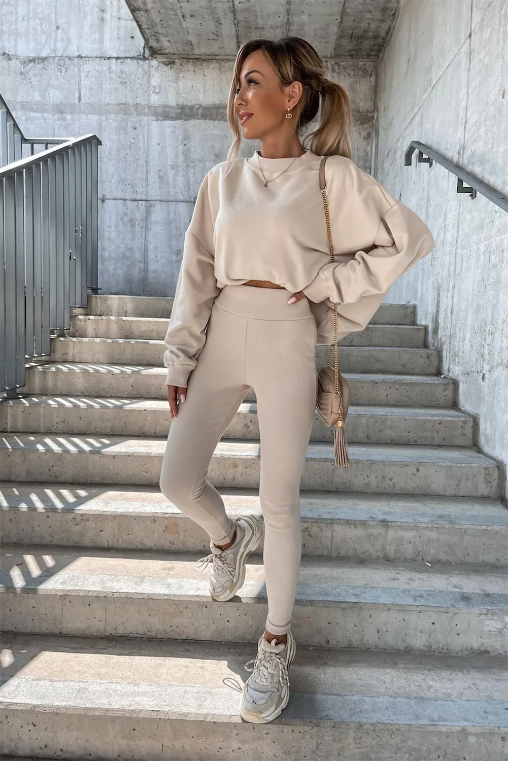Beige Solid Sweatshirt and Leggings Two Piece Set