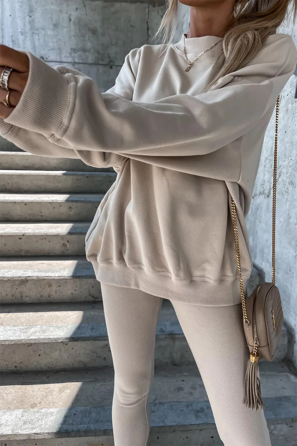 Beige Solid Sweatshirt and Leggings Two Piece Set