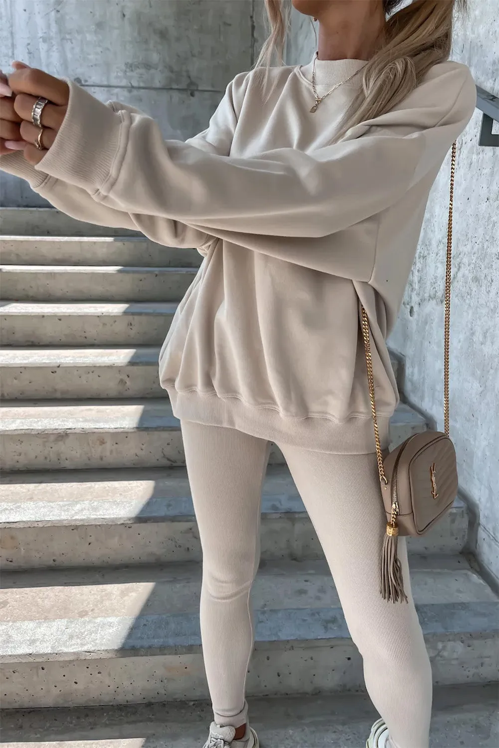 Beige Solid Sweatshirt and Leggings Two Piece Set