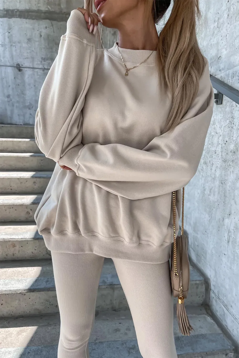 Beige Solid Sweatshirt and Leggings Two Piece Set