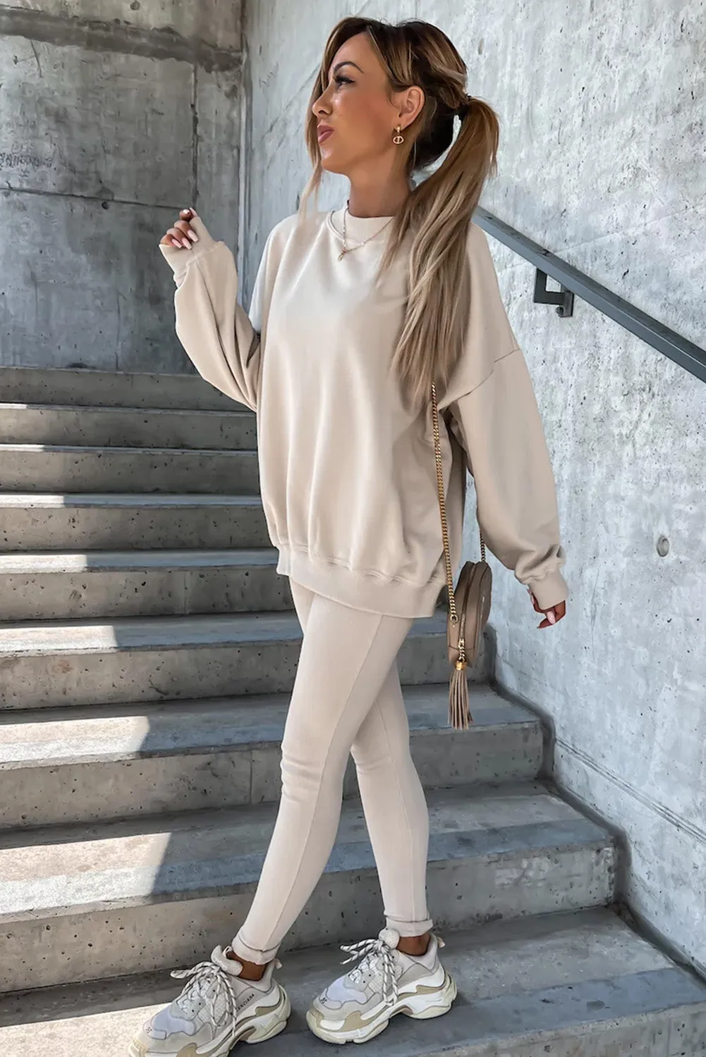 Beige Solid Sweatshirt and Leggings Two Piece Set