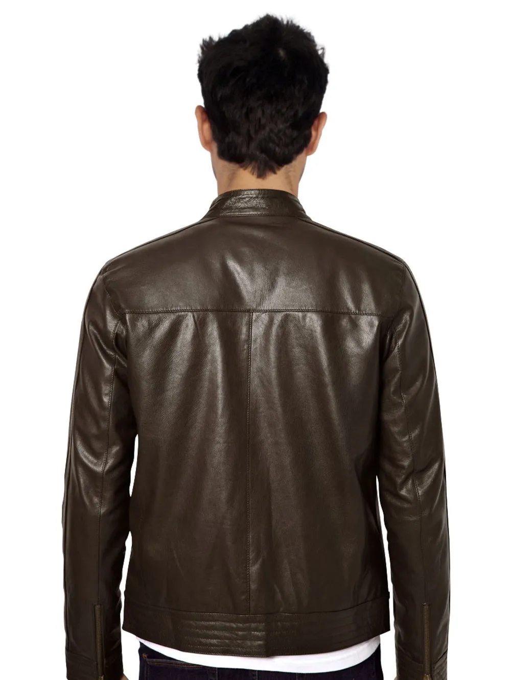 Biker Genuine Leather Jacket with Throat Tab Closure for Men