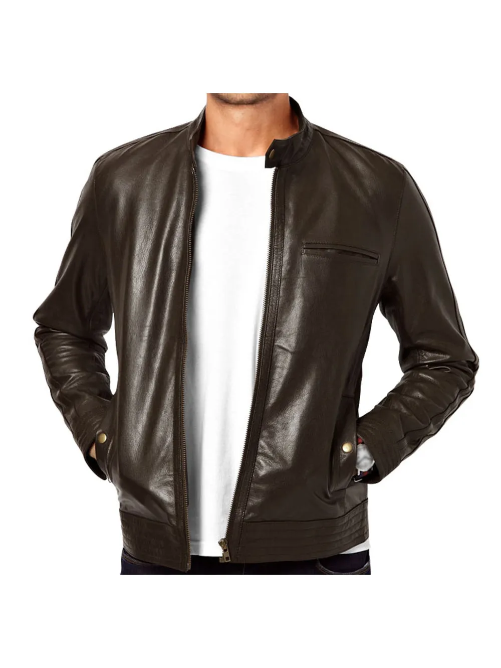 Biker Genuine Leather Jacket with Throat Tab Closure for Men